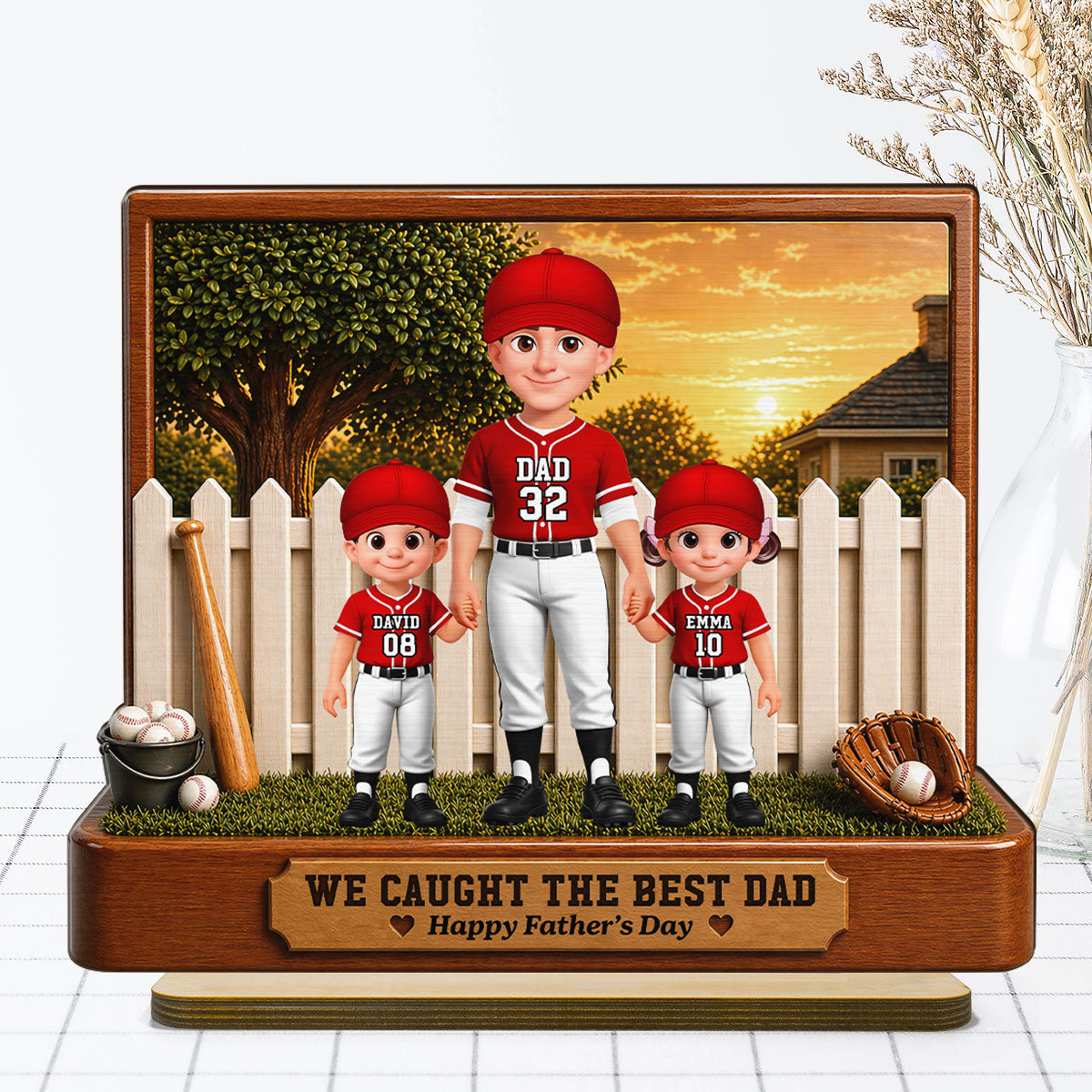 Baseball Dad And Kids Backyard We Caught The Best Dad - Personalized 2-Layered Wooden Plaque - Father's Day Gift For Dad