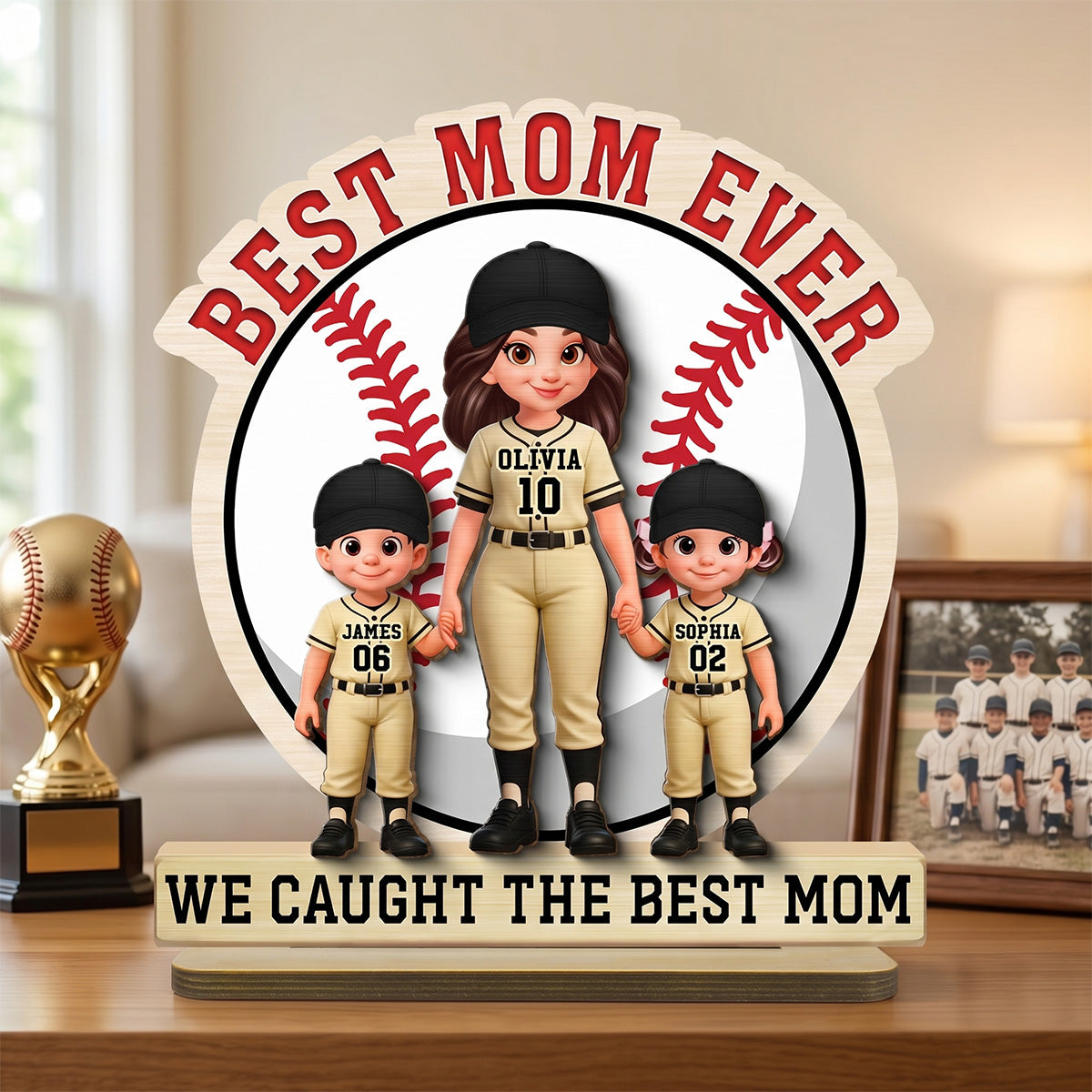 Best Mom Ever Baseball Mom & Kids - Personalized 2-Layered Wooden Plaque - Mother's Day Gift For Mom