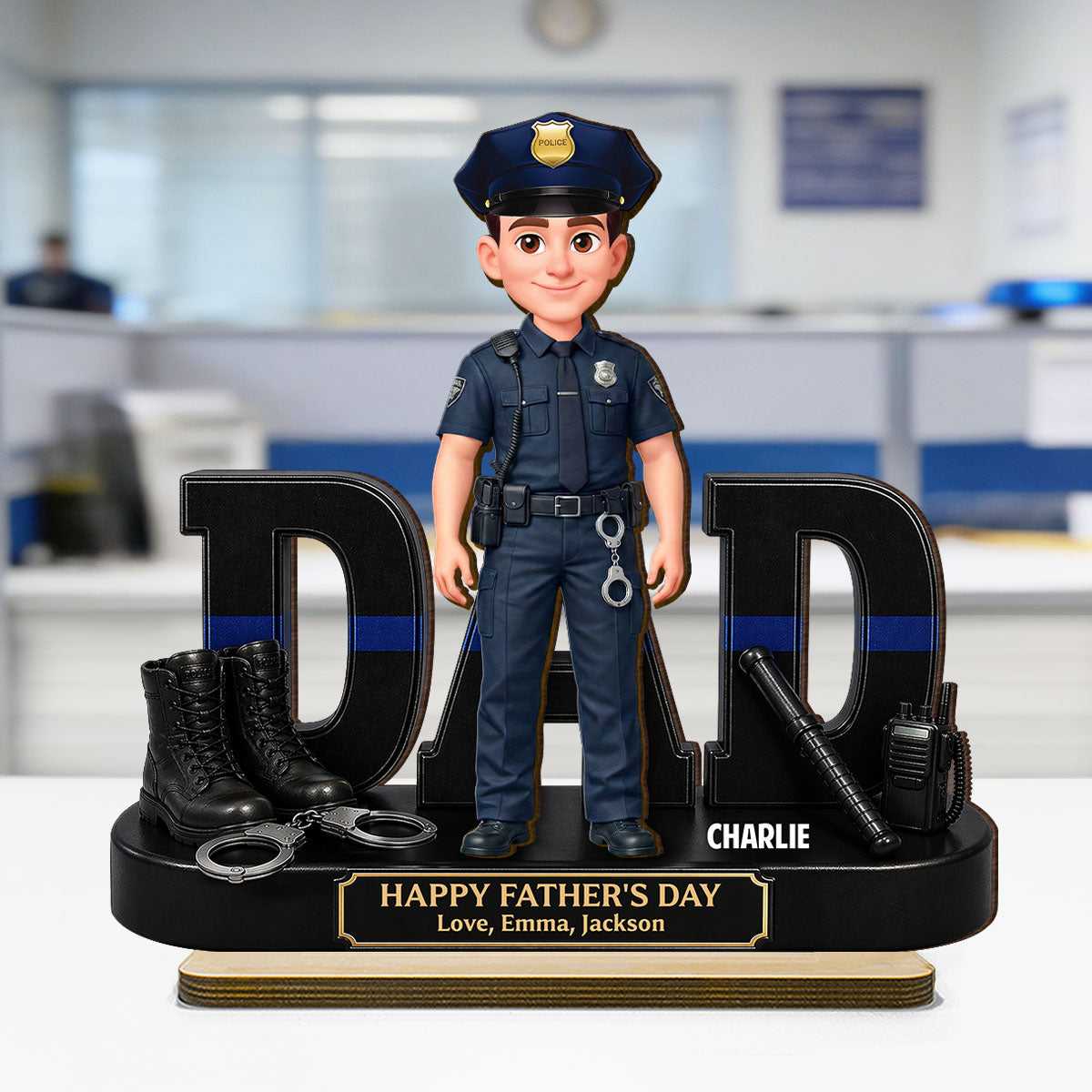 Proud American Police Officer Dad - Personalized 2-Layered Wooden Plaque - Father's Day Gift For Dad